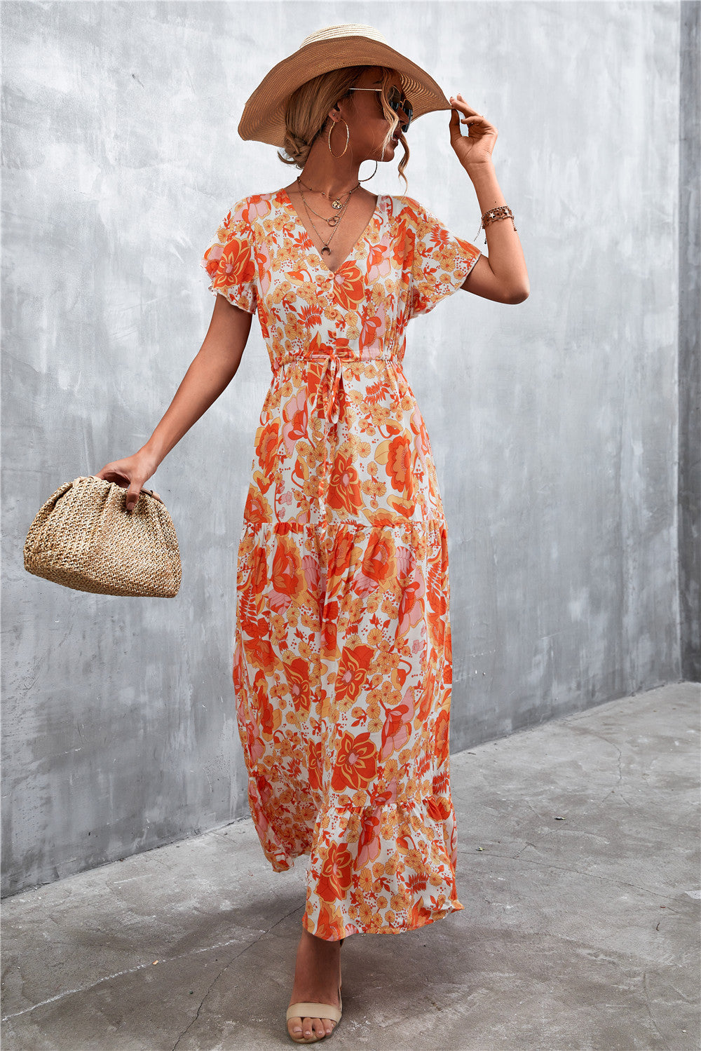 Floral Buttoned Drawstring Waist Tiered Dress