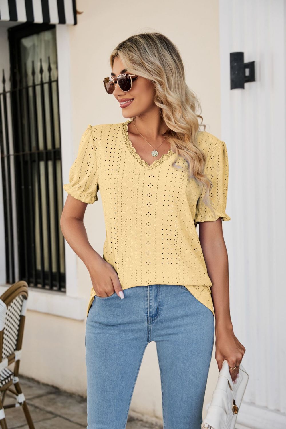 Eyelet Flounce Sleeve Scalloped V-Neck Top