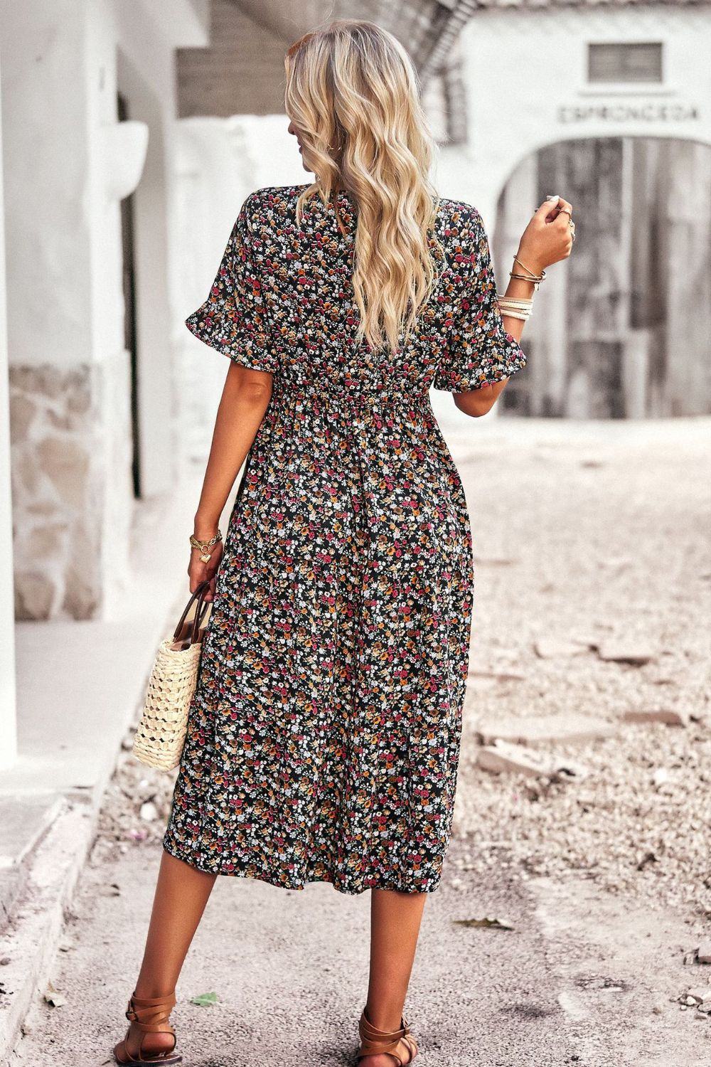 Floral V-Neck Flounce Sleeve Midi Dress