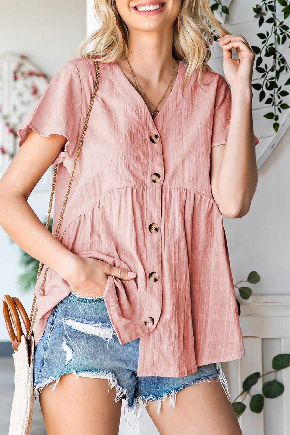 Button Down V-Neck Short Sleeve Shirt