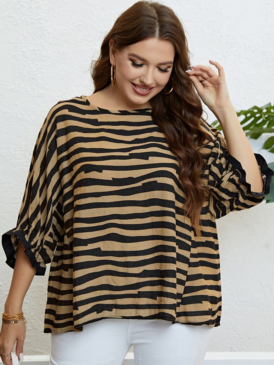 Plus Size Striped Three-Quarter Sleeve Boat Neck Top