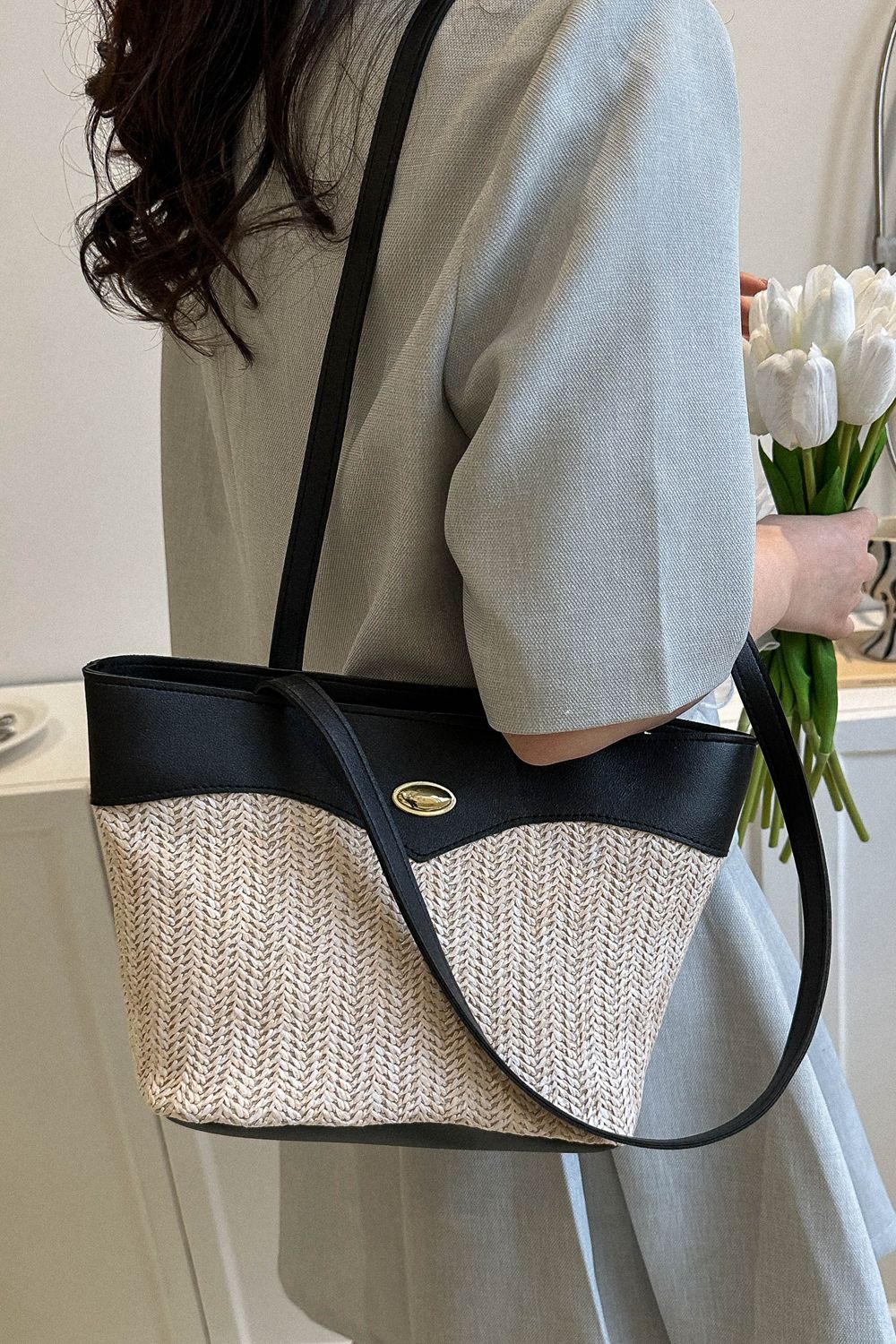 Two-Tone Straw PU Tote Bag