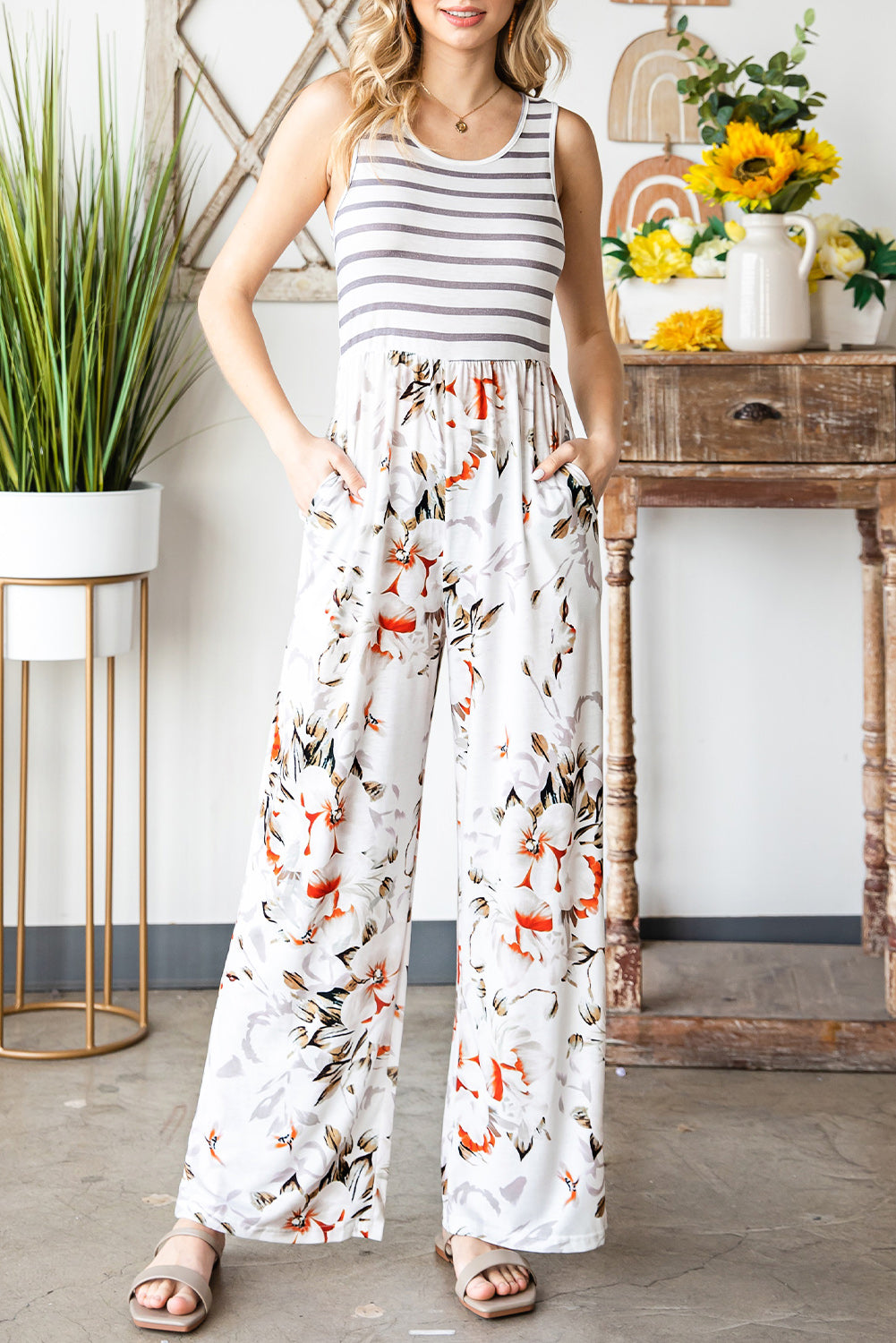 Striped Floral Sleeveless Wide Leg Jumpsuit with Pockets