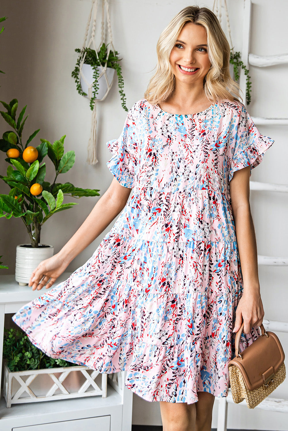 Printed Short Flounce Sleeve Tiered Dress