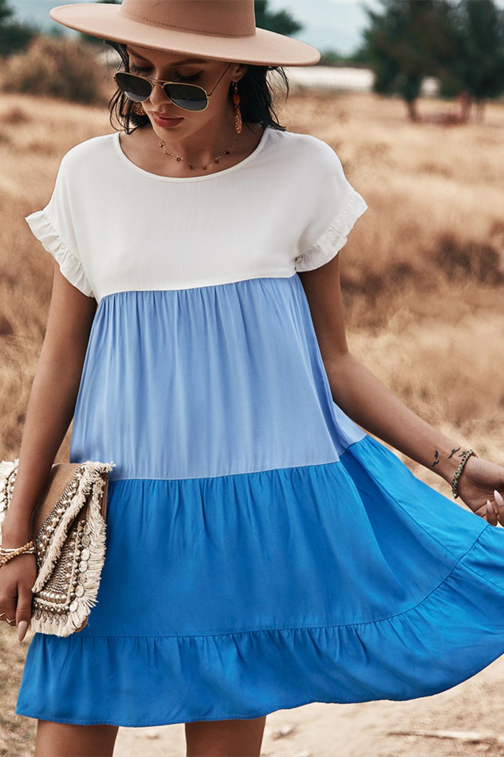 Color Block Round Neck Tiered Dress