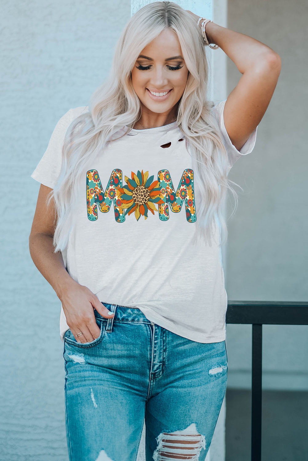 Letter Sunflower Graphic Distressed Tee