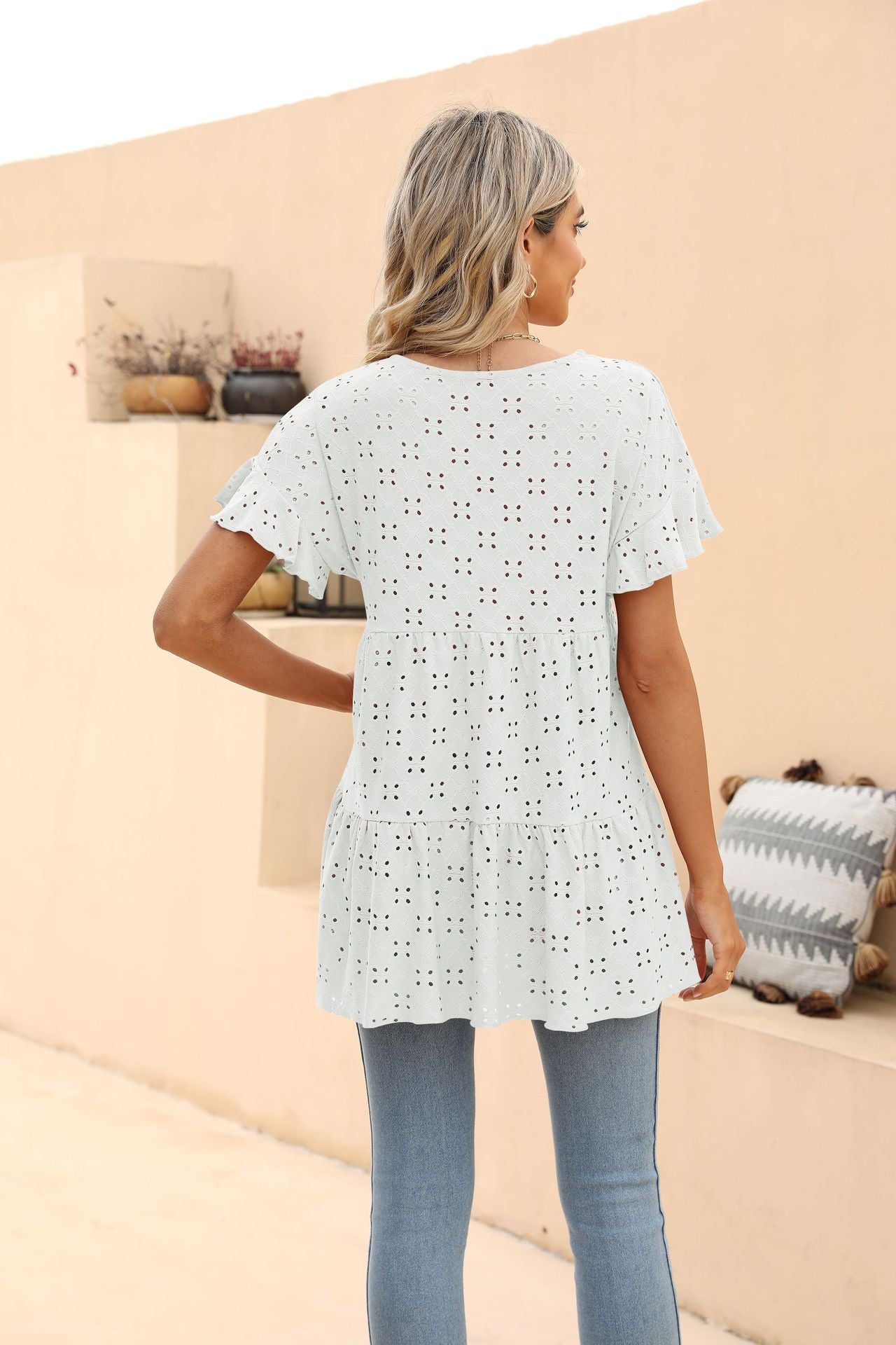 Openwork Round Neck Flounce Sleeve Blouse